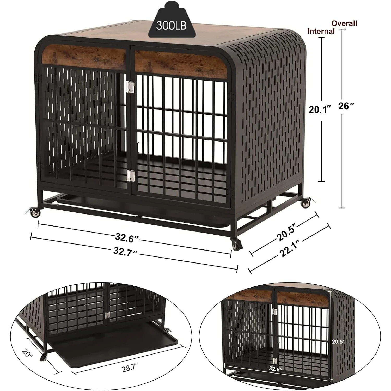 Dog Crate Furniture Wooden Table Pet Dog Cage Kennel House Indoor Side End Table Decor with Removable Trays and Lockable Wheels