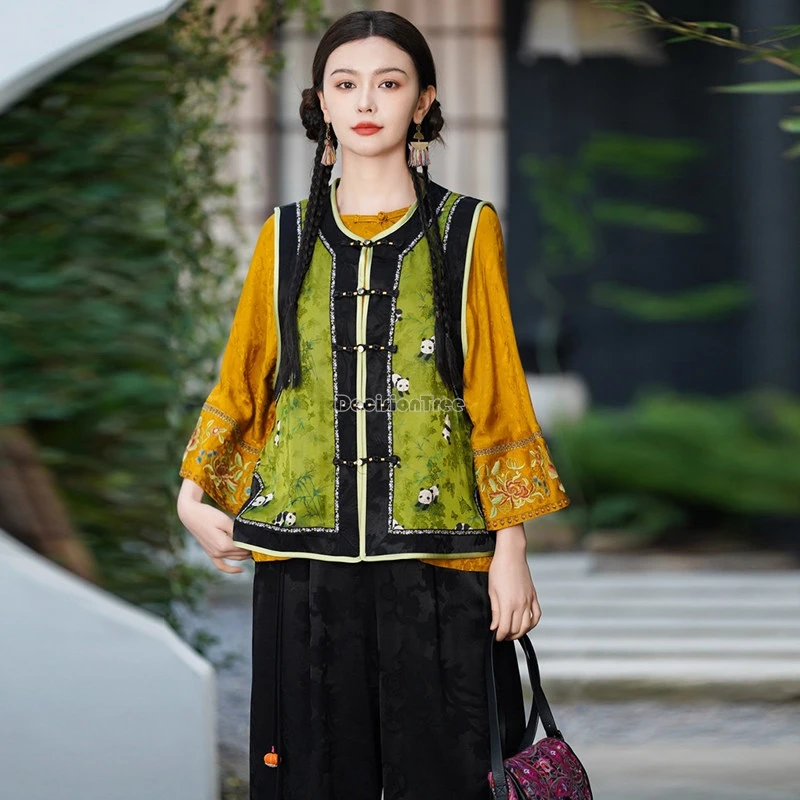 2025 new chinese improved retro national tang suit vest fashion panda pattern sleeveless cheongsam button women loose vest top