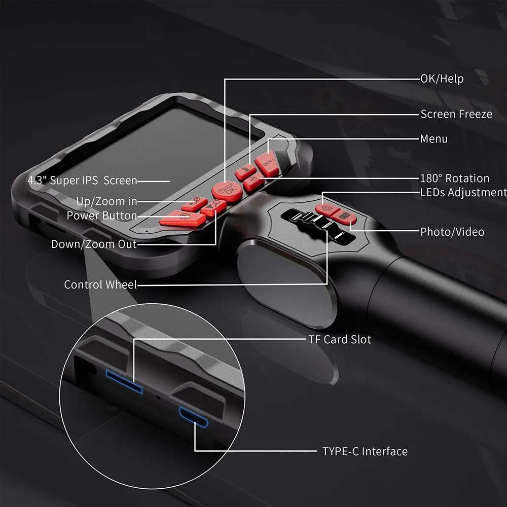 Two-Way Articulating Borescope 6mm Lens Endoscope Camera With Lights 4.3 Inch Industrial Inspection Snake Camera PQ321