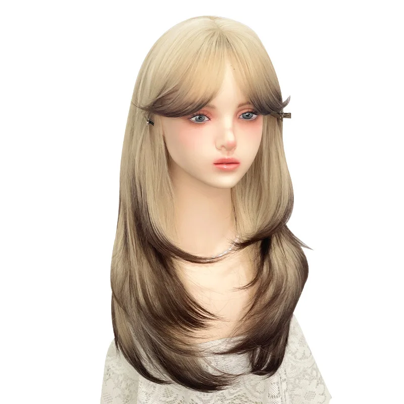 

Wig female long hair full head cover Siamese cat gradual change layering middle point eight characters imitation full real long
