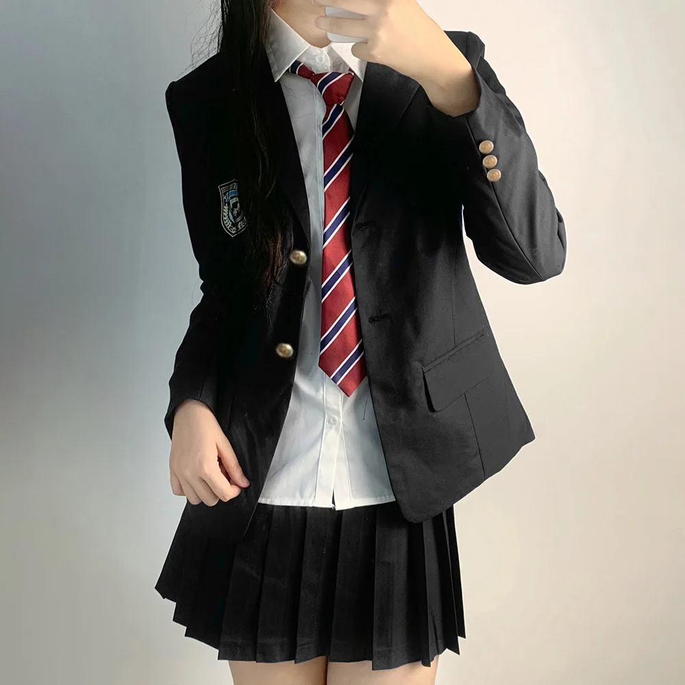 Women Suit Japanese School Uniform Jk Suit Girls Black Suit Thin Pleated Skirt Shirt Tie Four-piece Student Uniform