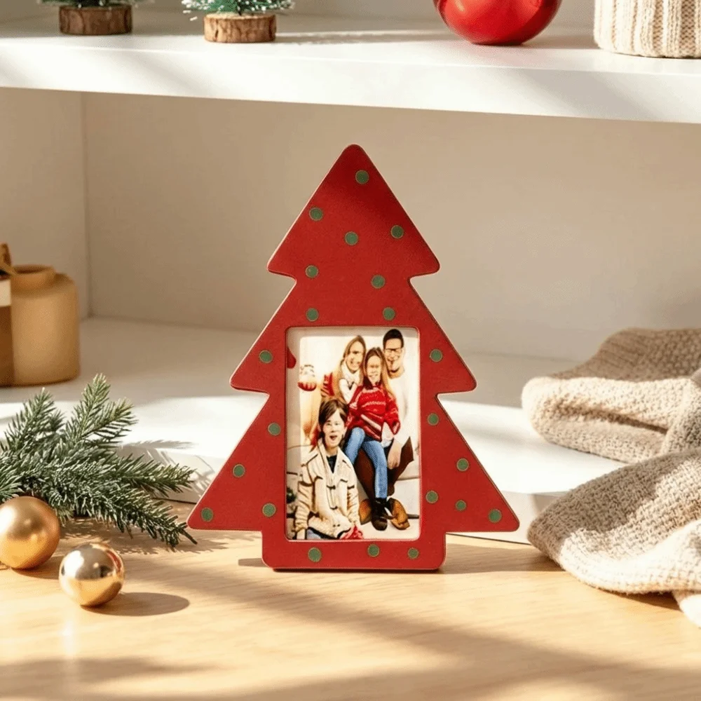 Creative Polka Dot Christmas Tree Picture Frame Standing Rustic Style Tree-Shaped Photo Frame Mini Holiday Ornament Home Decor
