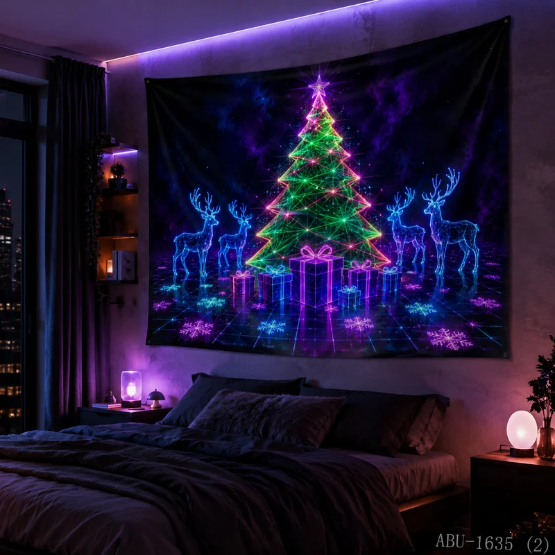 VIKAMA Neon Green Purple Wireframe Tree Reindeer Gift Grid Snowflake Star City Night Christmas Tapestry Wall Hanging Bedroom