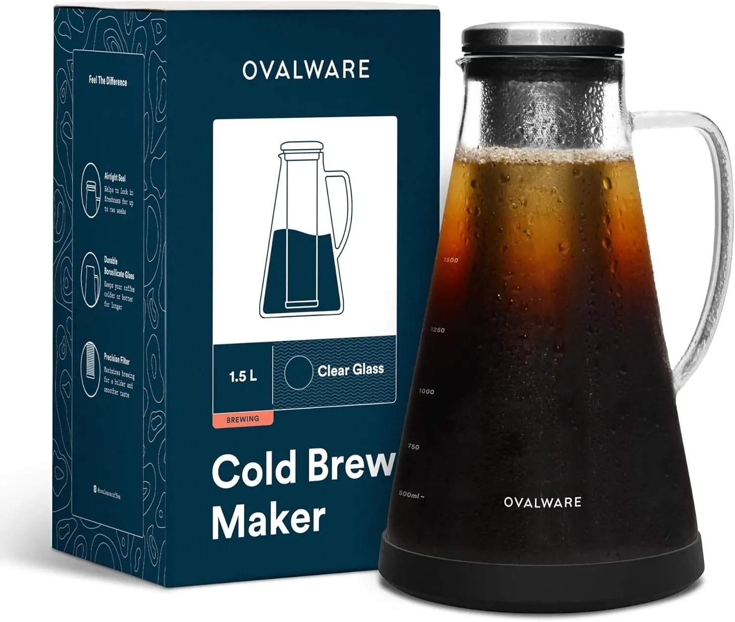

1.5L Airtight Cold Brew Coffee Maker with Removable Stainless Steel Filter – 51oz Glass Pitcher for Iced Coffee & Tea