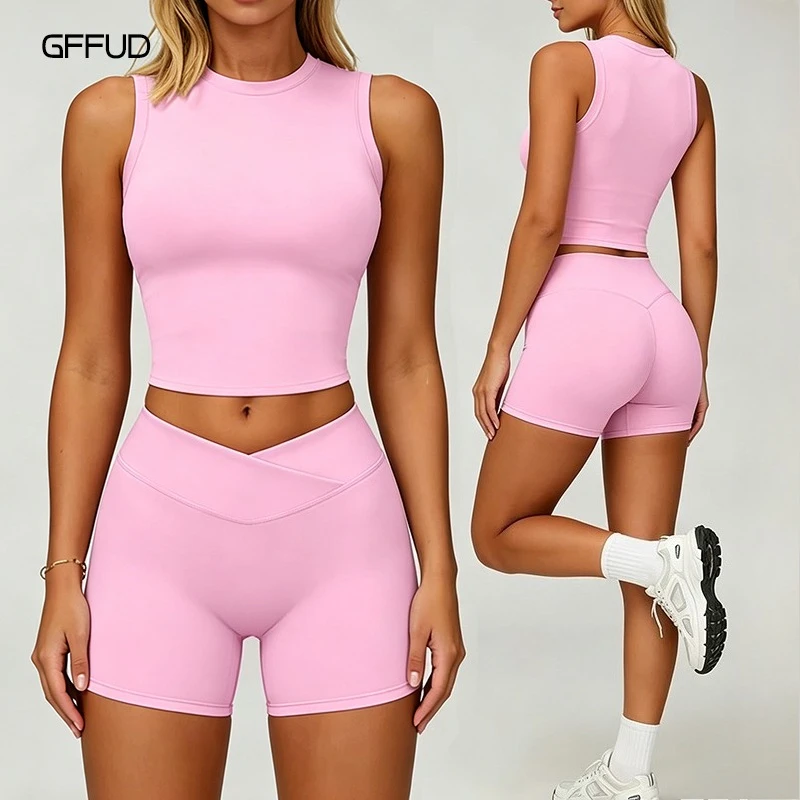 女性用ネイキッドフィーリングヨガセット-ノースリーブタンクトップ-ハイウエスト速乾ジムショーツ-2ピース-アクティブウェア-ランニングtシャツ