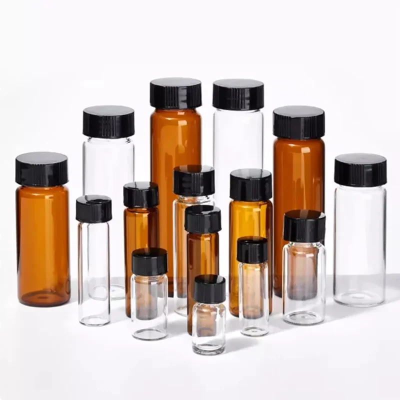 20szt/lot 3ml 5ml 10ml 15ml 20ml 30ml 40ml 50ml (przezroczysta/brązowa) Szklana butelka z uszczelką Fiolki na próbki odczynników z plastikową zakrętką