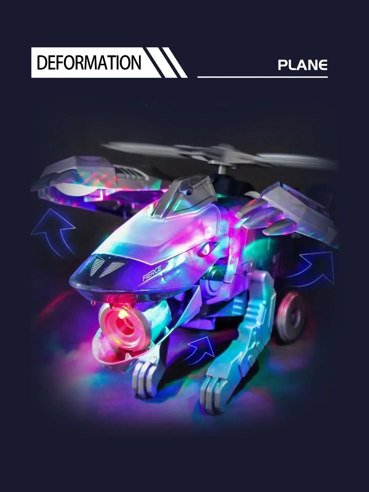 Transformable Dinosaur Helicopter Toy, LED Light Music Spray Fighter Plane Gift for Kids