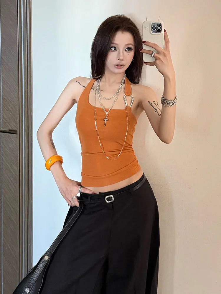 Women Orange Halter Camisole Top Vacation Style Vest Y2K Gyaru Crop Top Sleeveless Off Shoulder Corset Top For Women Summer 2025 view 4