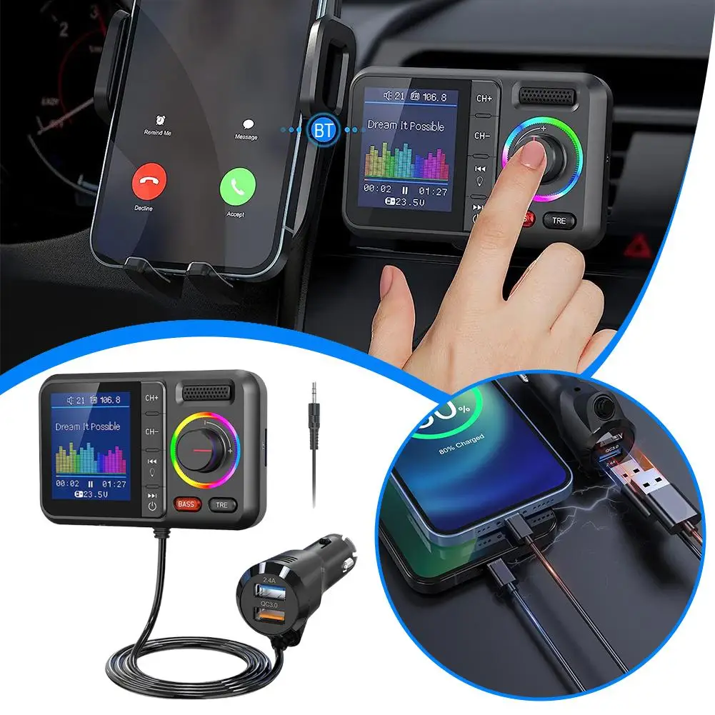 Wireless FM Transmitter With Big Color Screen 2.4A Dual Fast AUX Call QC3.0 Adapter Music Charging Player MP3 USB Hands-Fre Q1U0 - Image 4