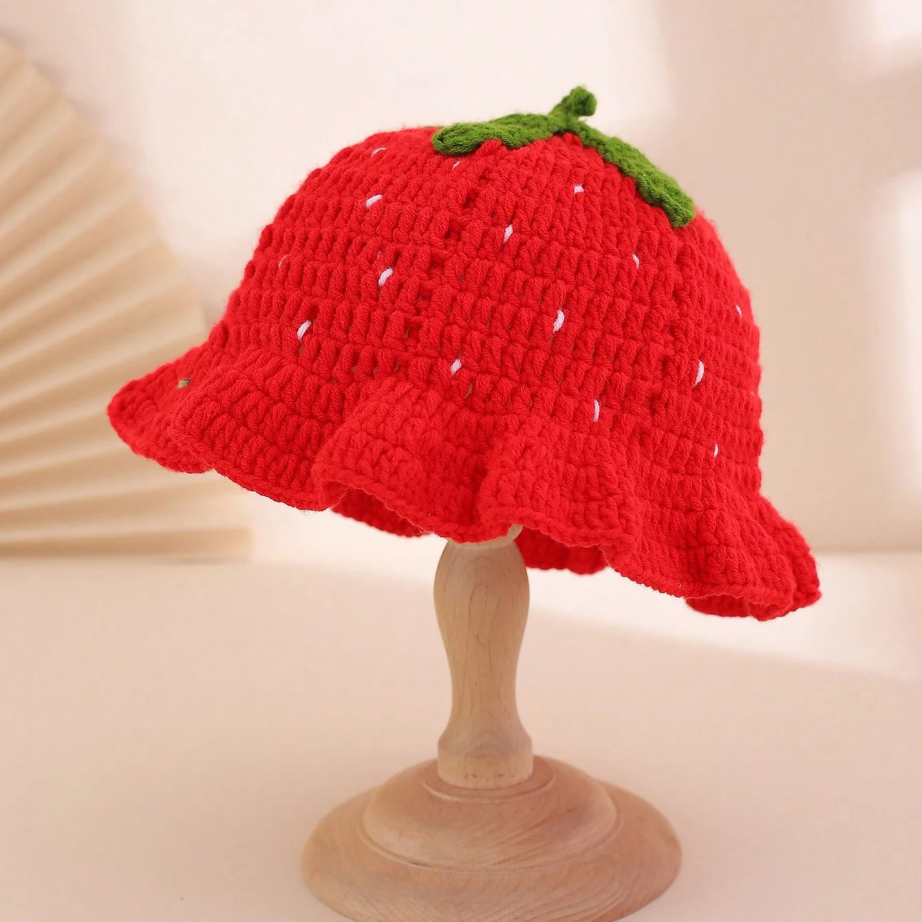 3D Strawberry Fisherman Hat with Ruffle Wave Brim, Cozy Knit Cap for Autumn Winter, Cute Daily Wear, Loose-Fitting Casual Style