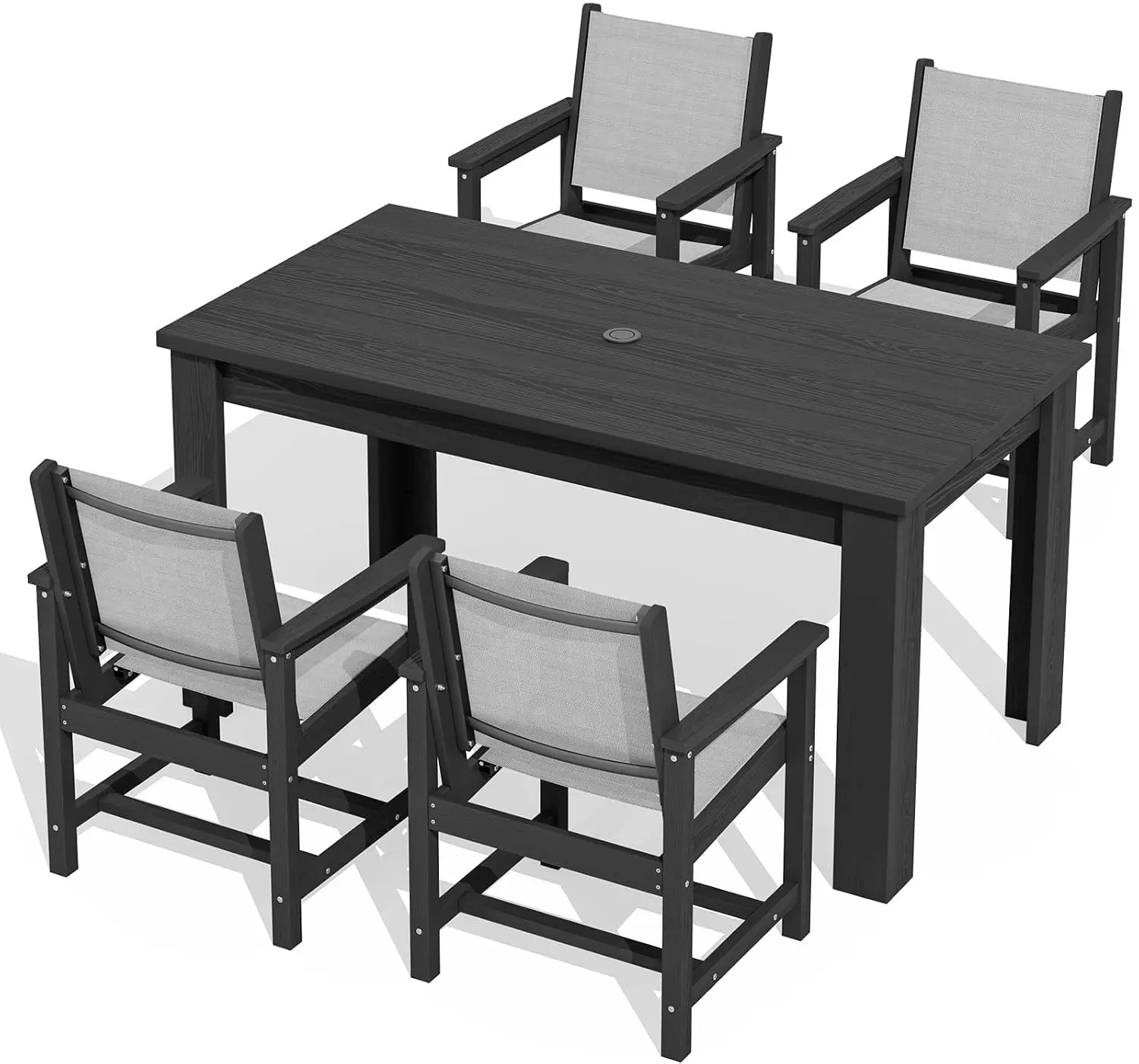 Outdoor Dining Set for 4 Rectangular Table with Umbrella Hole & 4 Textilene Chairs Patio Garden Backyard Poolside Black, Customi