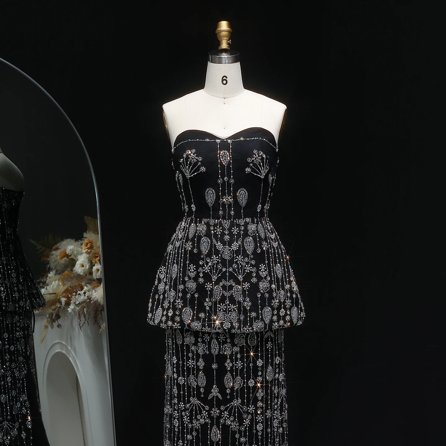 Sharon Said Elegantes Perlenbesetztes Schwarzes Zweiteiliges Sweetheart-Abendkleid für Damen Hochzeitsfeier Sweetheart Lang SS635 Maßanfertigung – Detail 7