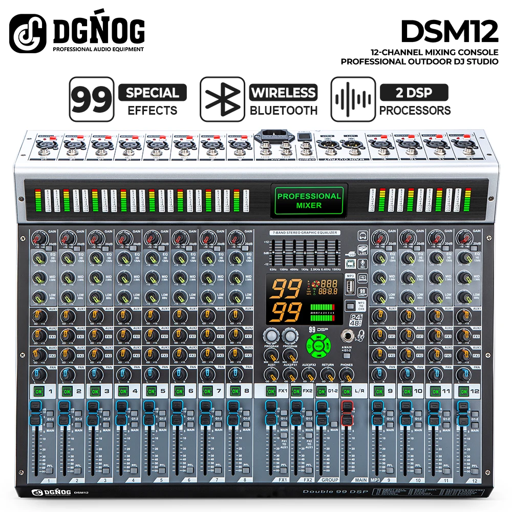 DGNOG 12-Channel Audio Mixer with 99 Dual-DSP Effects 7-Band EQ, Bluetooth USB and 48V Phantom Power Suitable for Studio/Karaoke