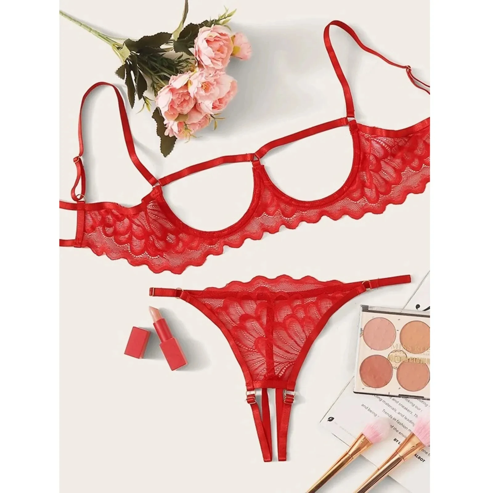 2023 Women\'s Lingerie Set Sexy Lace Mesh Hollow Out Open Bras Crotchless Panties Two-piece Suit Red Underwear Set Babydolls