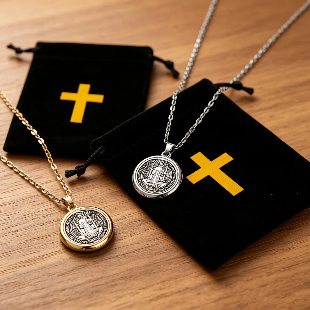 5-20 Conjuntos de Collares con Medalla de San Benito, Colgante Religioso de Acero Inoxidable con Cruz, Bolsa de Terciopelo, Regalo Católico para Bautizo