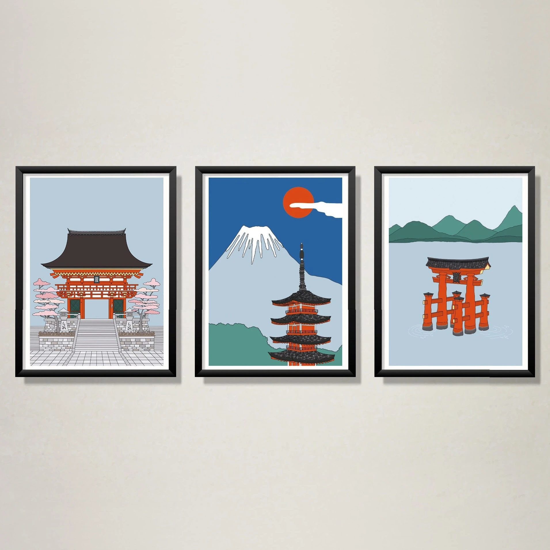 3pcs frameless Canvas Painting 3pcs Poster Featuring Beautiful Scenes from Japanese Tourist Attractions Kyoto Temple, Mount Fuji