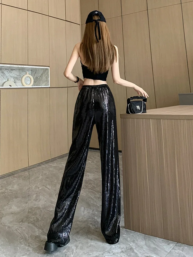 Błyszczące spodnie z szerokimi nogawkami dla kobiet Jesienne spodnie z wysokim stanem ze sznurkiem Casualowe spodnie z prostymi nogawkami o długości do podłogi 2025 Nowa wiosna