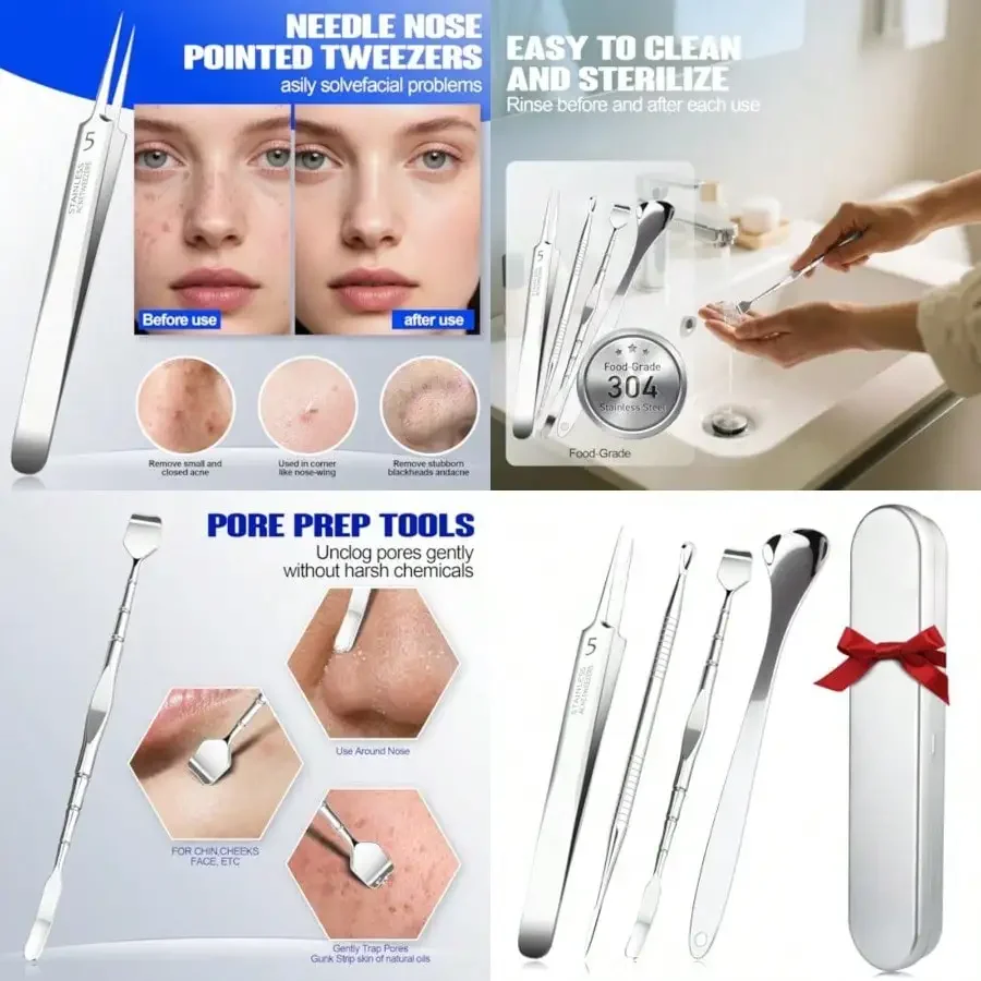 

Professional Blackhead Remover Pimple Popper Tools Kit Pore Prep Scraper Precision Nose Blackhead Extractor Tweezers Black Head Removal For Face Acne Whitehead Popping Extractor Blemish Comedone