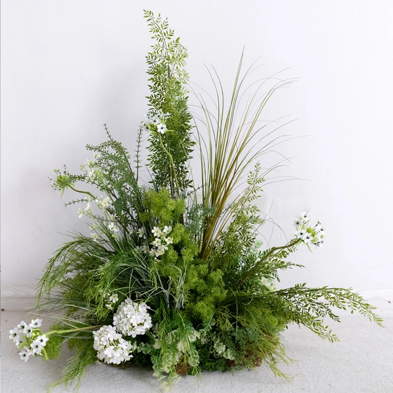 أوراق النباتات الخضراء وخلفية صف الزهور البيضاء للزفاف ، حامل قوس القرن ، ممر المسرح ، لوازم الترتيب ، ديكور الأرضيات #5