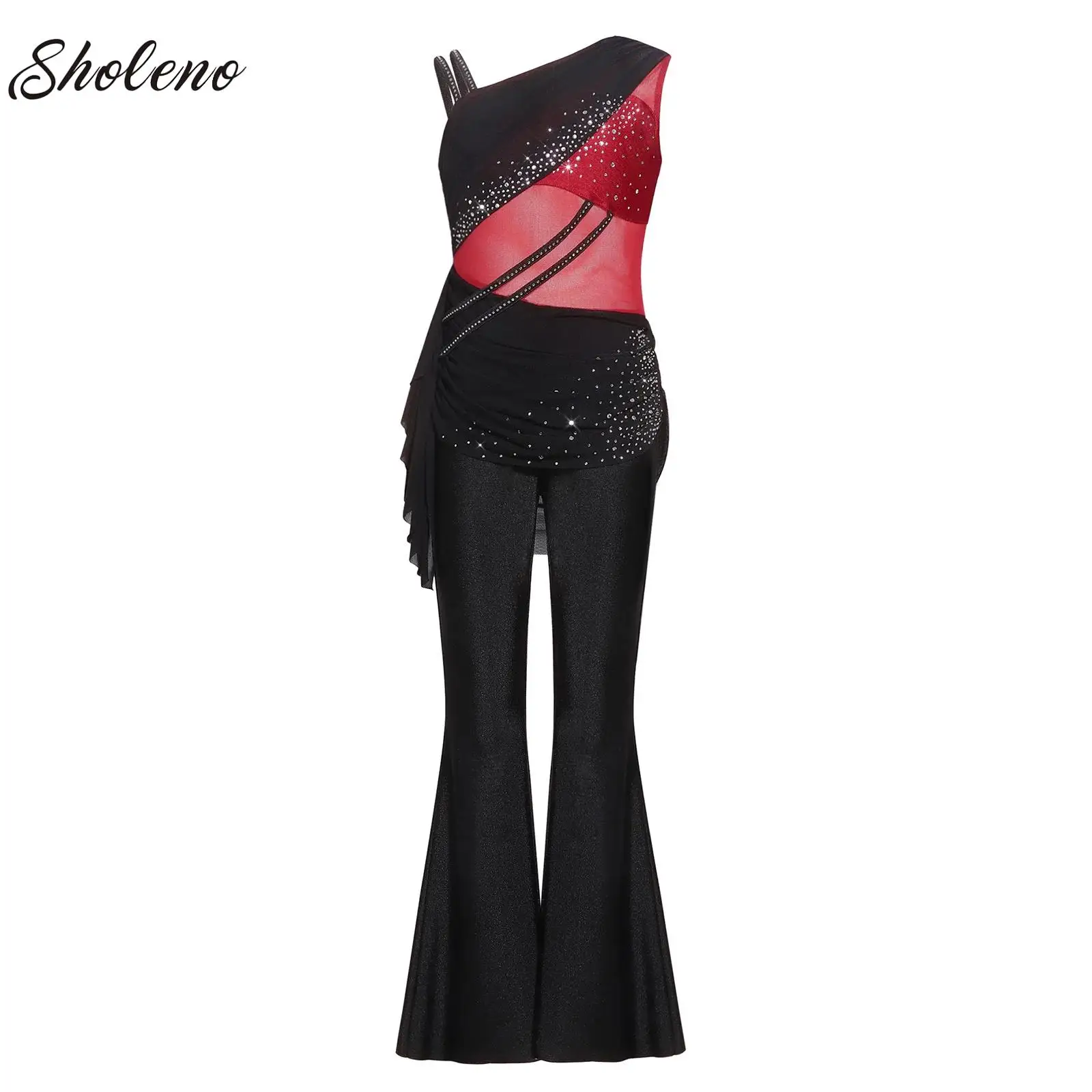 

Kids Girls Glittery Ballet Gymnastics Jumpsuit Contemporary Lyrical Dance Unitards Mesh Ruched Overlay Asymmetrical Bell-Bottom