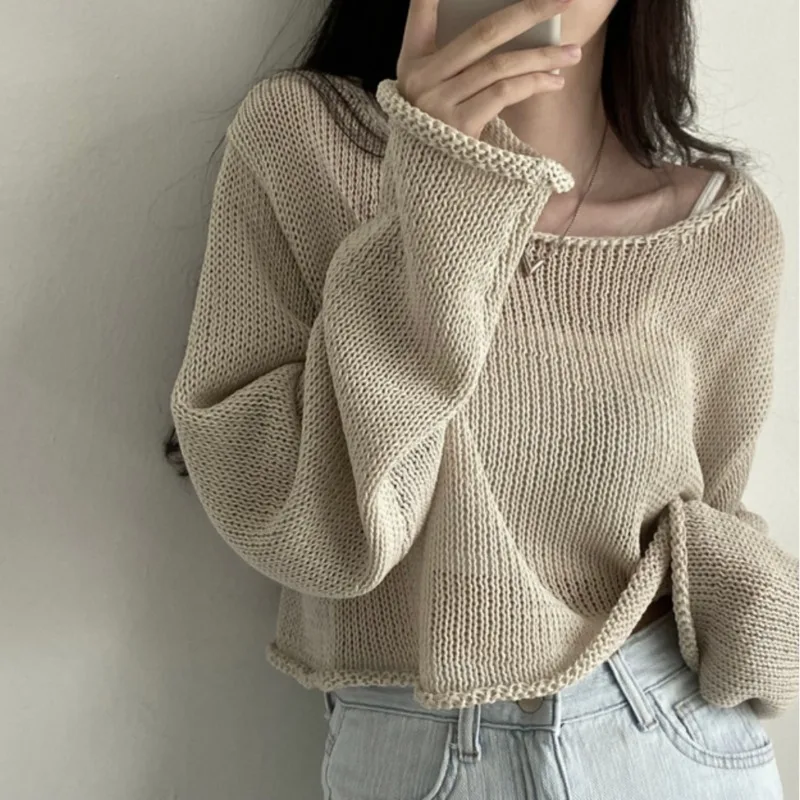 Matakawa Slash Neck Women Pullovers Thin Spring Summer Sun-resistant Sweaters Solid Korean Fashion Loose Basic Pull Femme