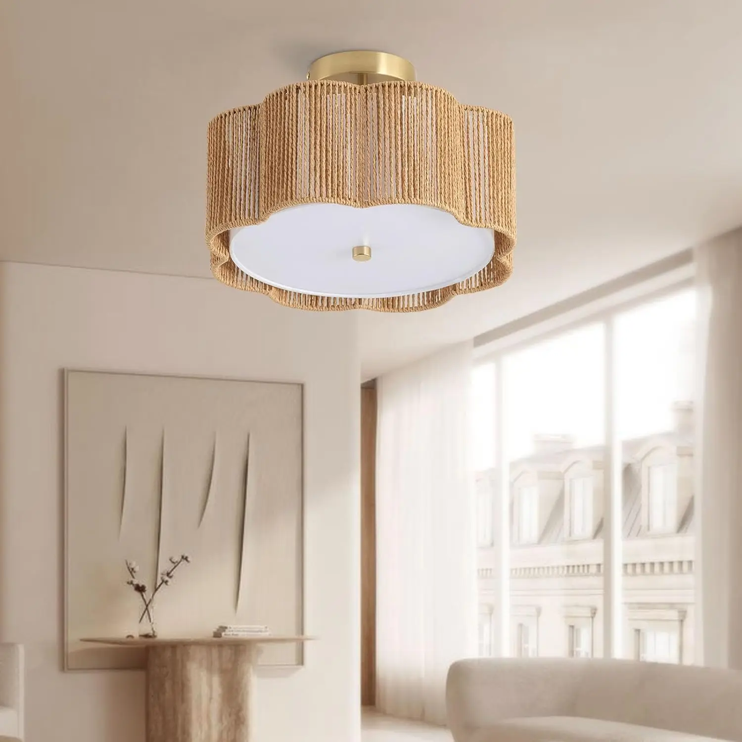 Rattan Ceiling Light Fixtures Flush Mount,3-Light Boho Light Fixtures Ceiling Mount For Bedroom,Close To Ceiling Light Modern