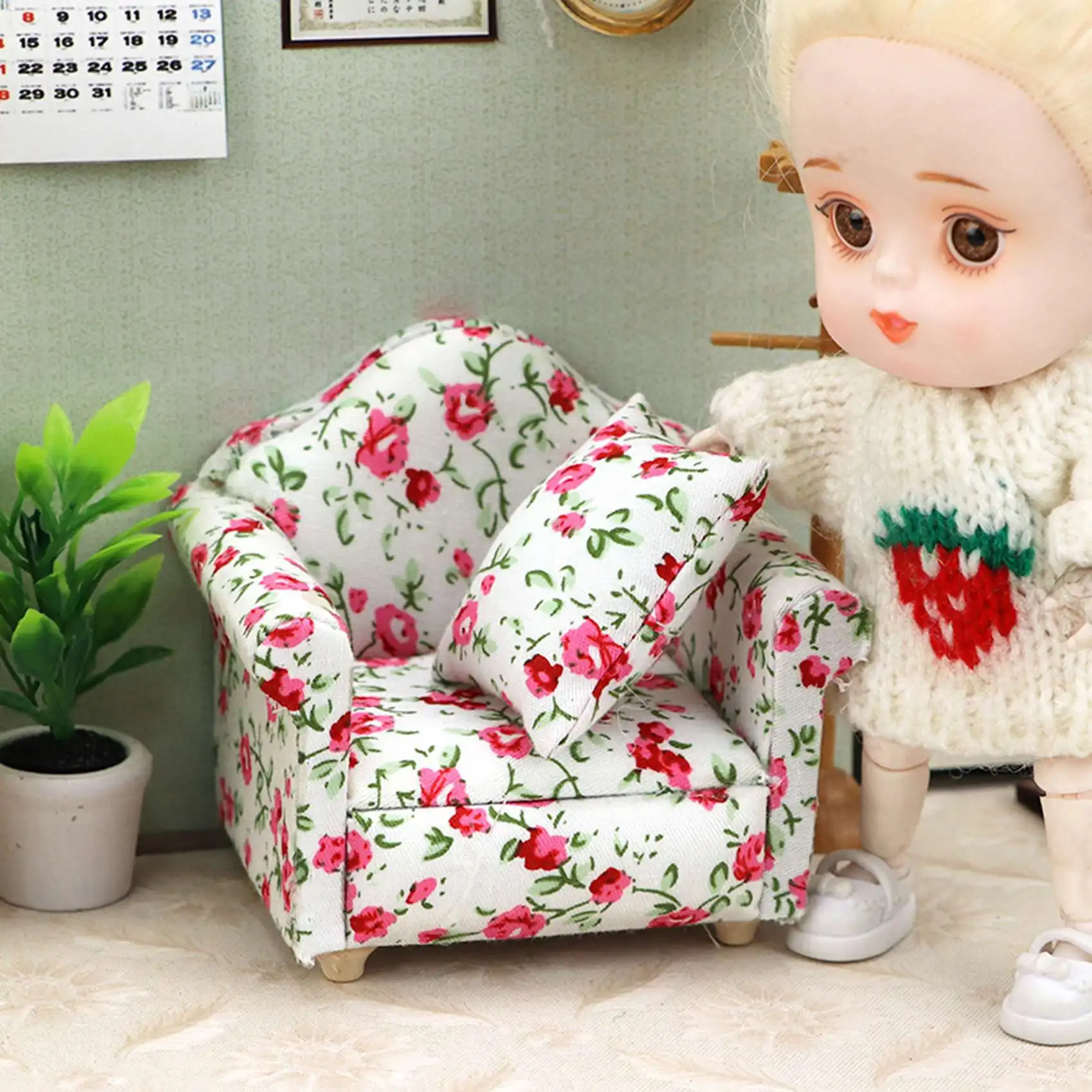 1/12 Scale Doll House Miniature Single Sofa with Pillow Simulation Furniture Toys for Decoration Accessories