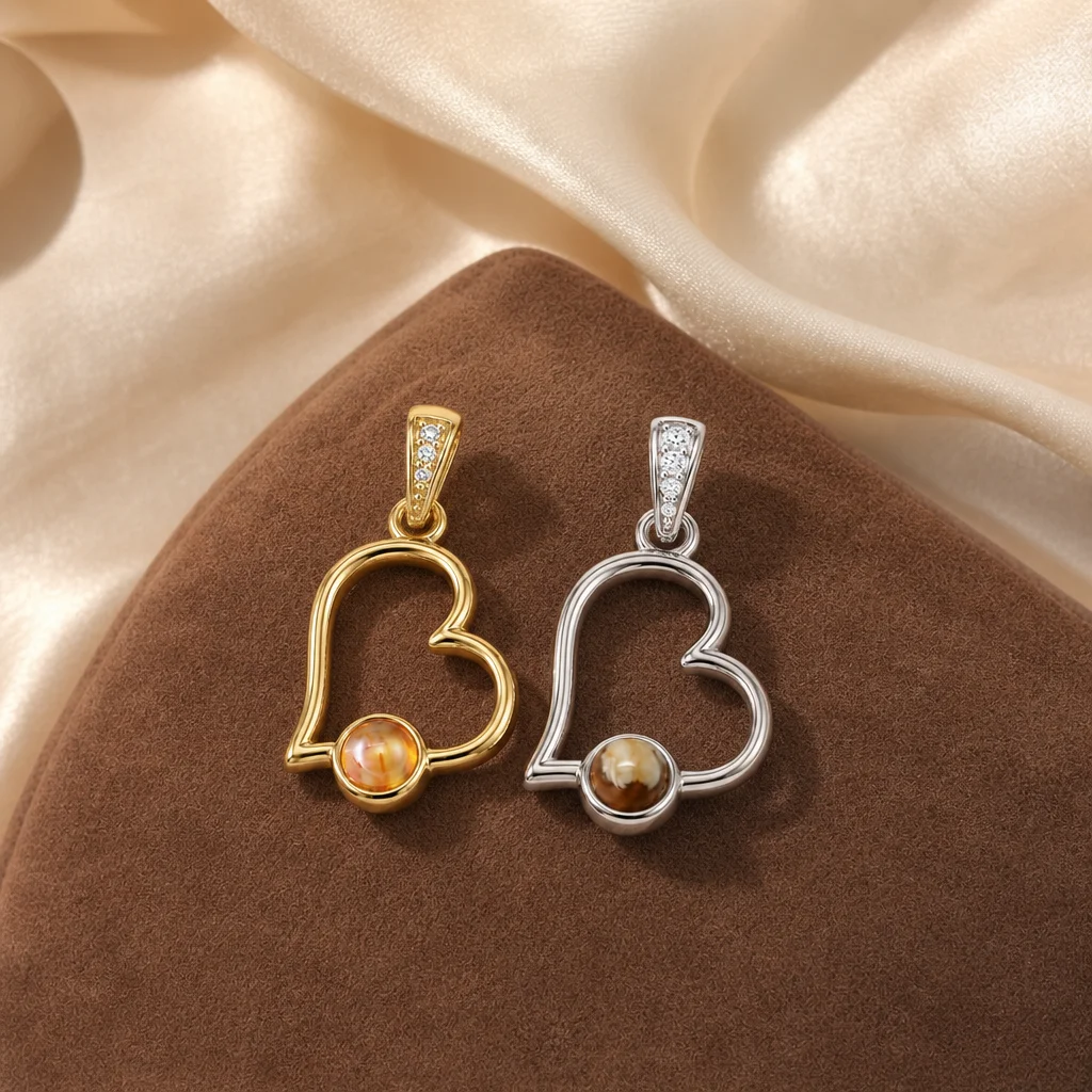 ZHENL Open Asymmetric Heart Pendant Charm 18K Gold Plated Stainless Steel Amber Brown Orange Stone Necklace Fine Jewelry