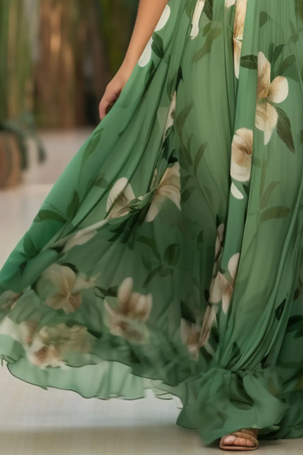 Flycurvy-Robe longue verte à imprimé floral, grande taille, manches lanterne, taille réduite