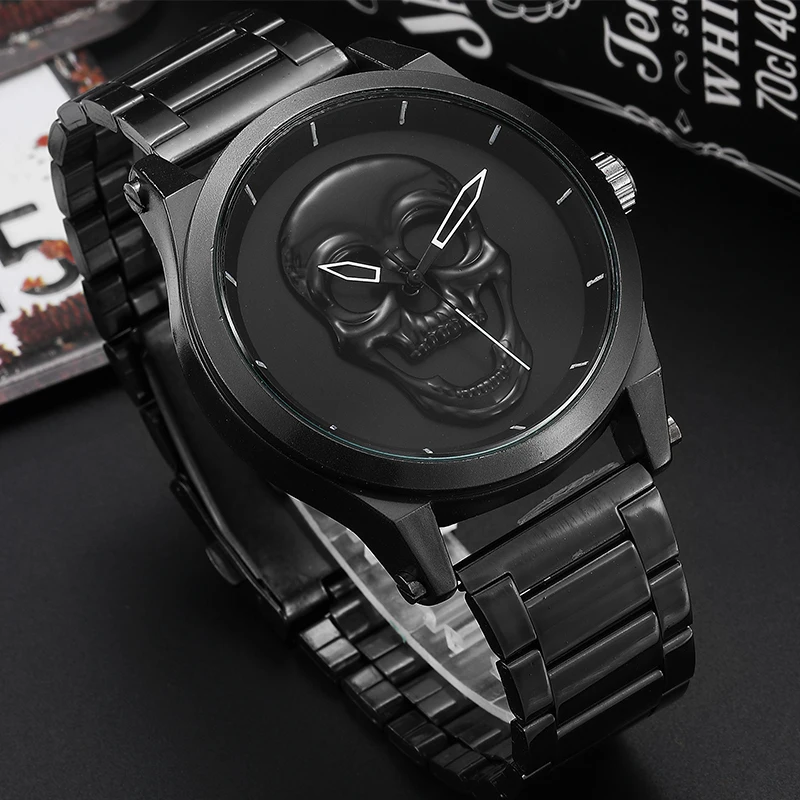 Black Gold Dial Quartz Watch Men 3D Skull Head Pattern Stainless Steel Steampunk Rock Engraved Cool Mexico Man Male Reloj Hombre