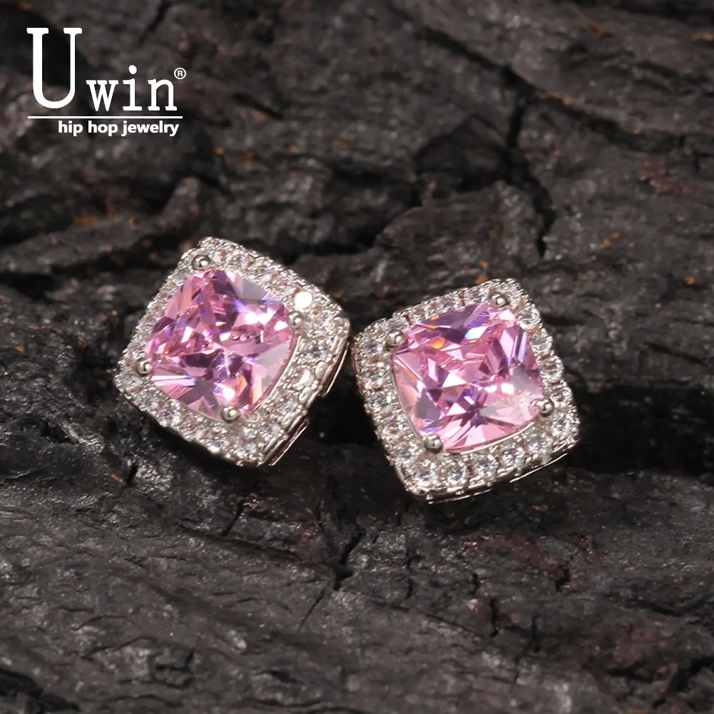 

Uwin Square Zirconia Pink Earrings Women Bling Micro Paved Cubic Zircon Fashion Jewelry Gift