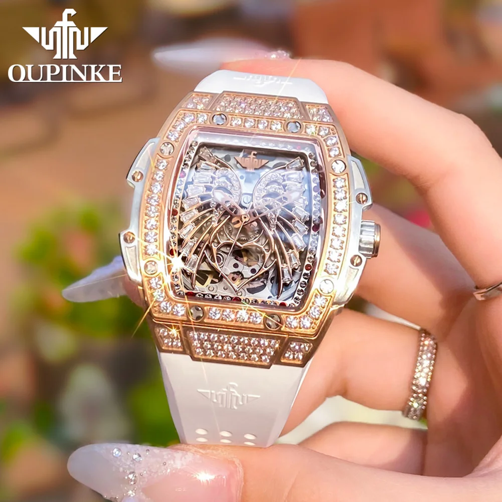 OUPINKE Luxury Hollow Women Mechanical Watch Top Brand Diamond Waterproof Watch Silicone Strap Women Automatic Watch Set 3225