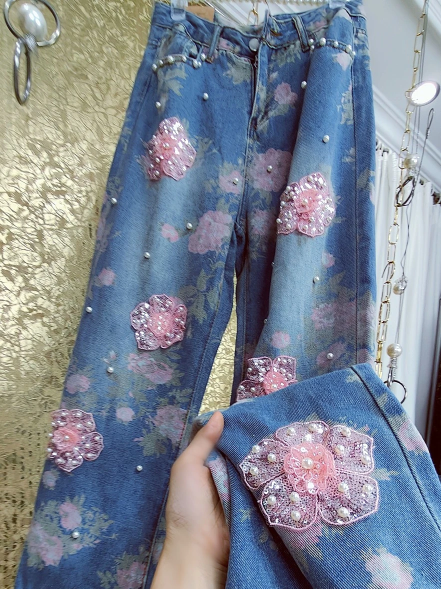 High-End Luxury Handmade Beaded Pearl Sequins Three-Dimensional Pink Flowers Wide-Leg Jeans Spring Autumn Jeans Woman