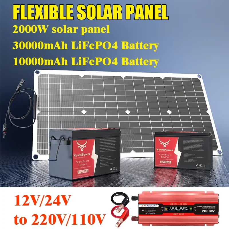2000W Complete Off-Grid Solar Power Kit With 2000W Inverter 100A Controller 30Ah Battery for RV Camping Home Emergency