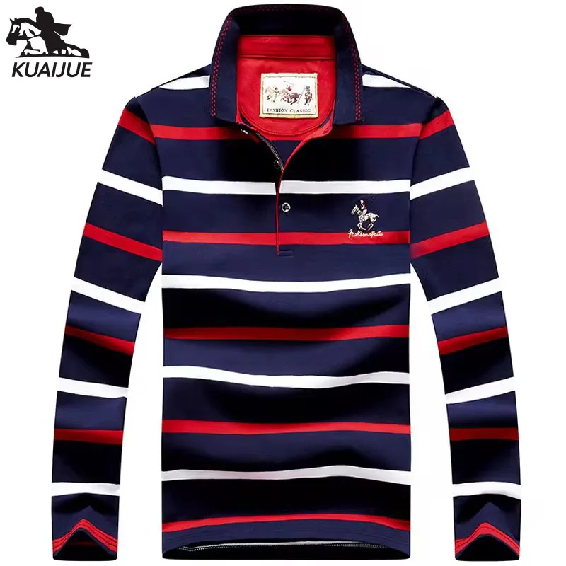 polo shirt men Spring new quality mens cotton long sleeve stitching stripes embroidery lapel youth Business casual polo shirt851