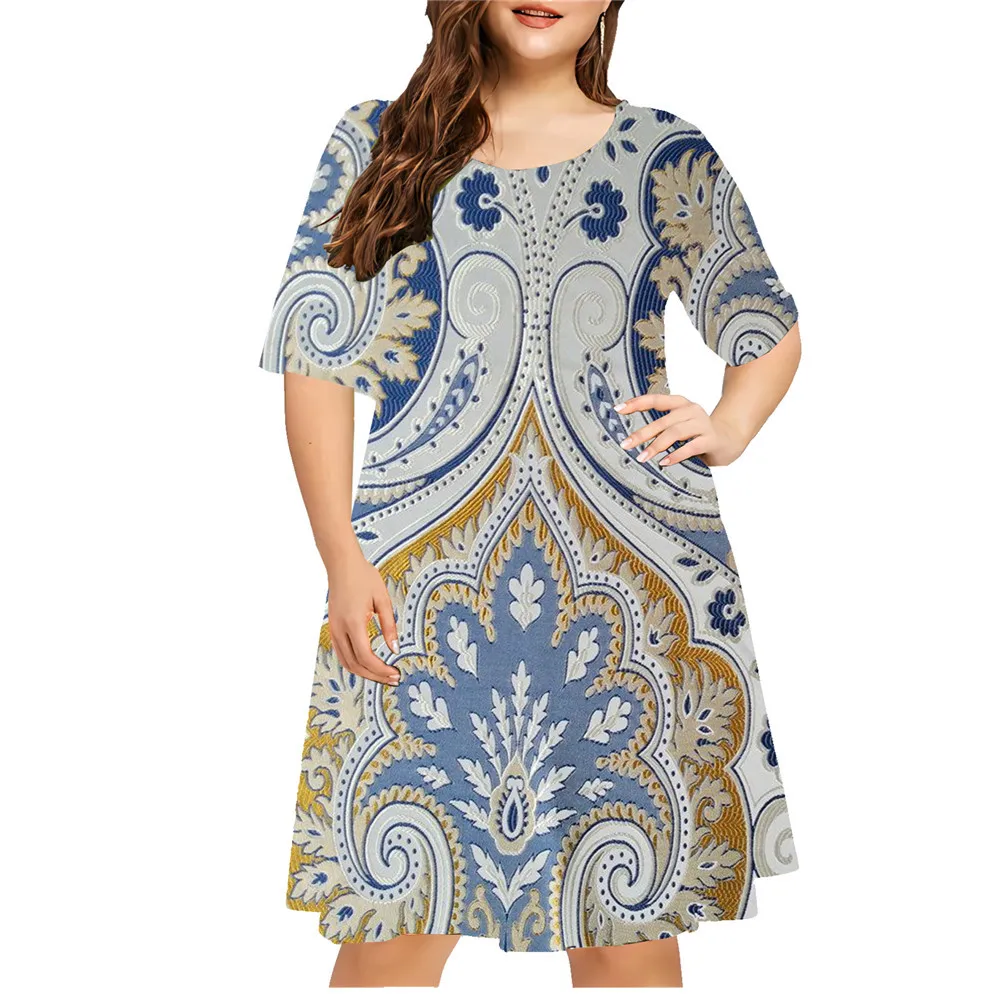 Colorful Flower Women Dress Paisley 3D Print Loose Plus Size Dress Summer Vintage Ethnic Style Short Sleeve Sundress Casual 9XL