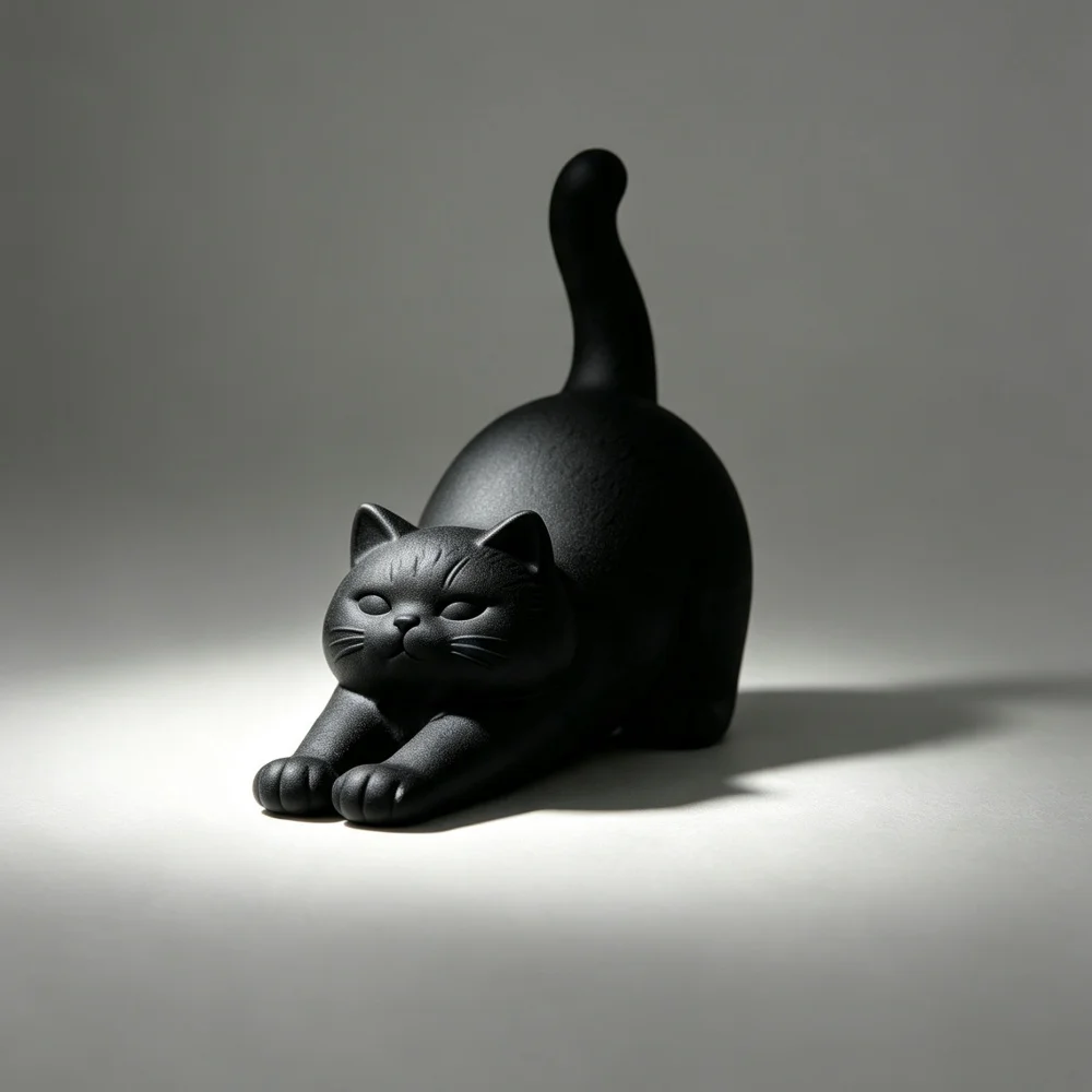3D Printed Black Stretching Cat Figurine Desktop Ornament For Cute Pet Lover Home Office Desk Decor Gift Idea
