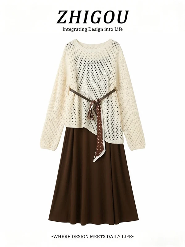 

Women's Knitted Hollow out Sweater And Belted Midi Dress Two-Piece Set Spring Autumn Fashion Casual Wear Comfortable Fit