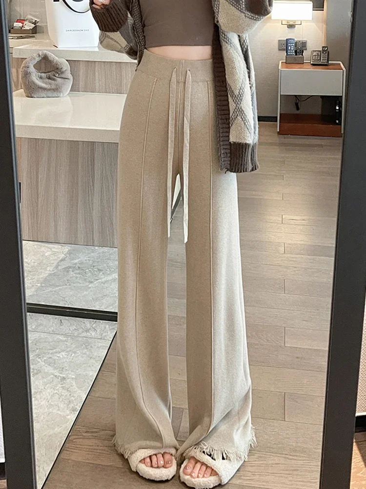 

Elegant Loose Women Knitted Pants Fashion High Waist Tassel Wide Leg Trousers Korean Fall Winter Casual Female Solid Pants