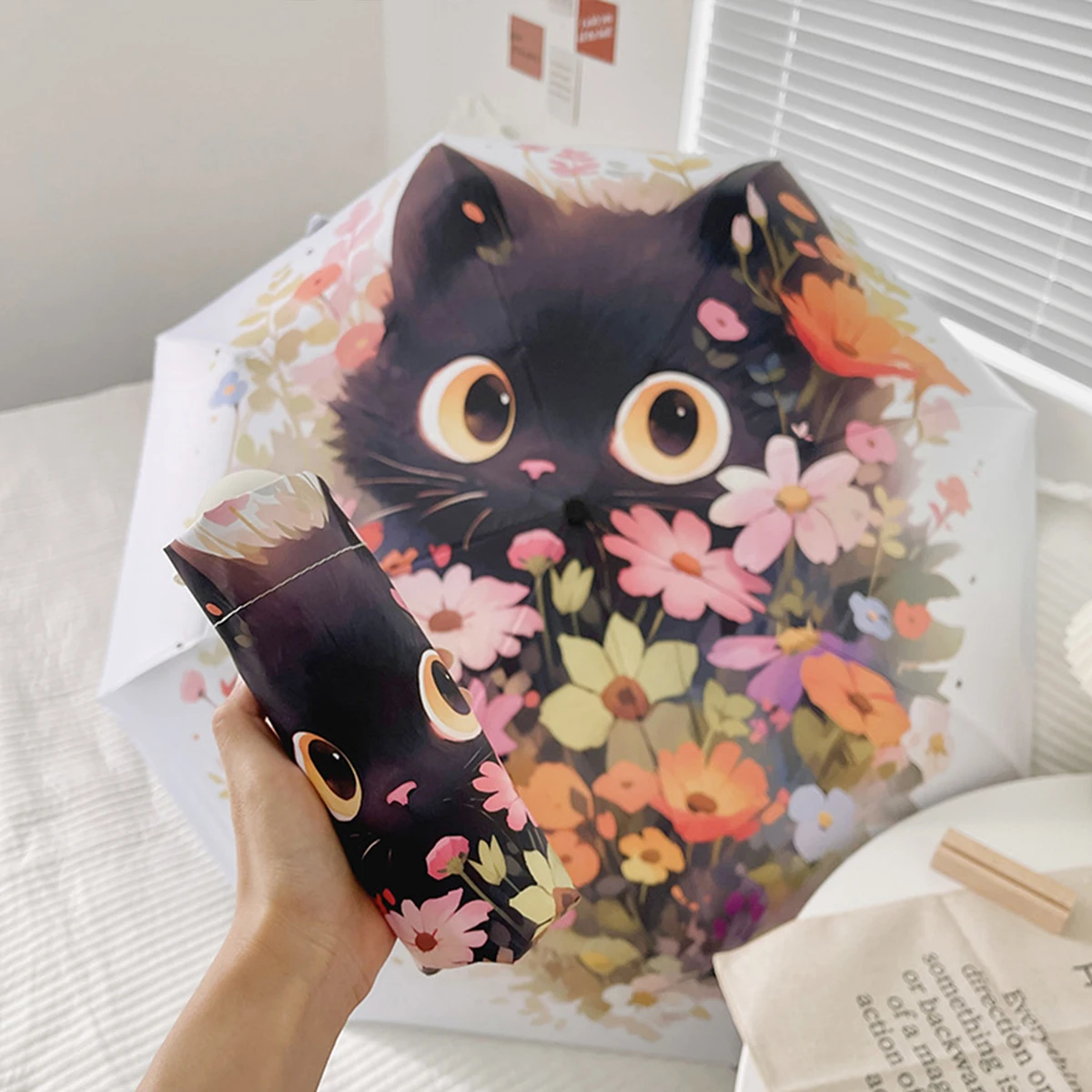 Cute Cat Cartoon 50 fold Folding Umbrella Sunscreen Thread Female Sun Umbrella for both Rain and Sun