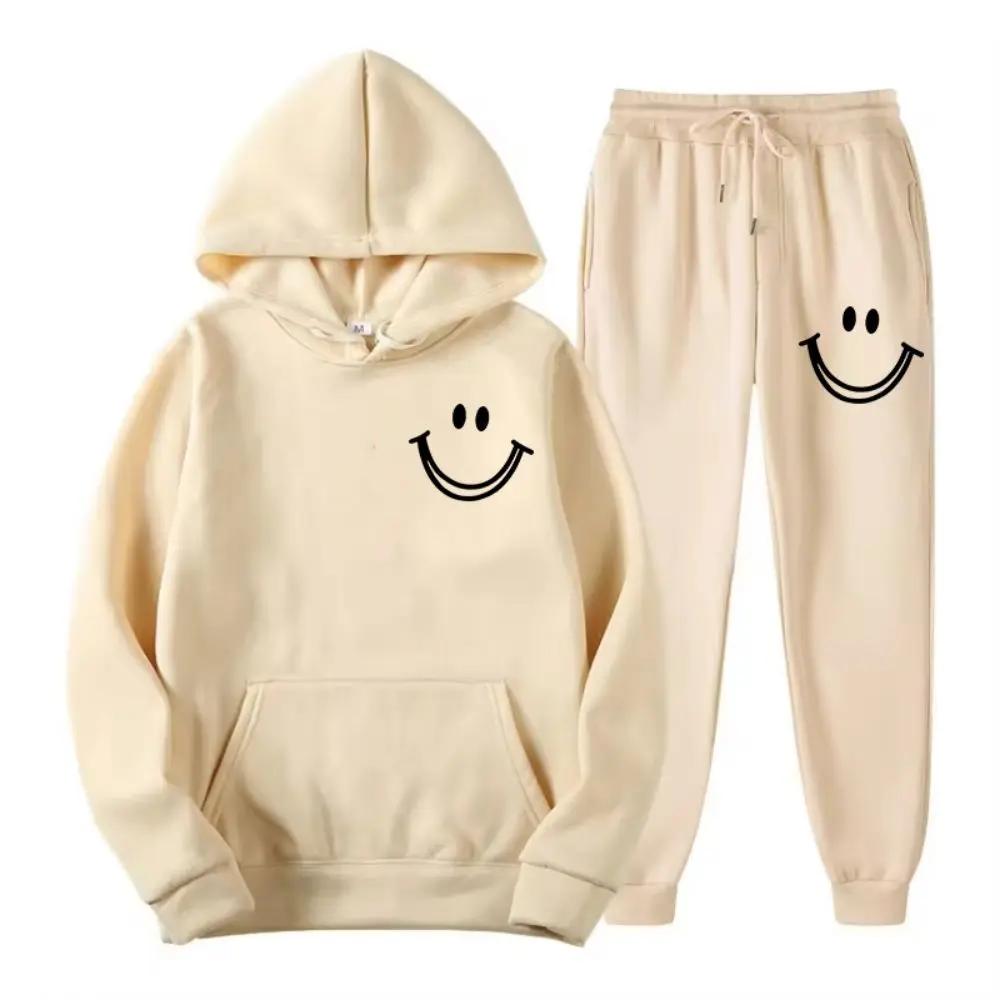 

Two Piece Set Fashion Womans Hoodie & Pants Soft Fleece Warm Sweatshirt Happy Expression Printing Streetwear Autumn Clothing