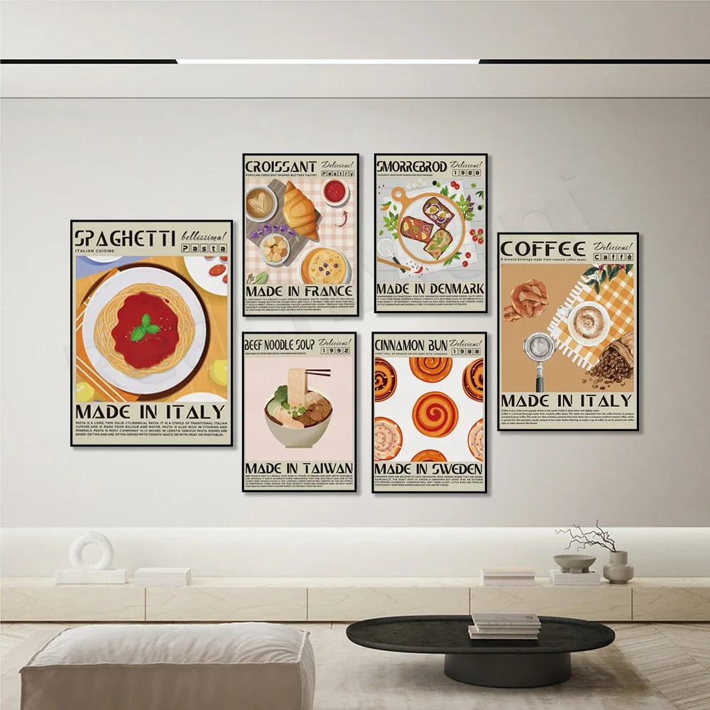 Macaroni and cheese, beef noodle soup, sushi, coffee drink, barbecue, tacos, pasta, croissant, dumplings kitchen food posters