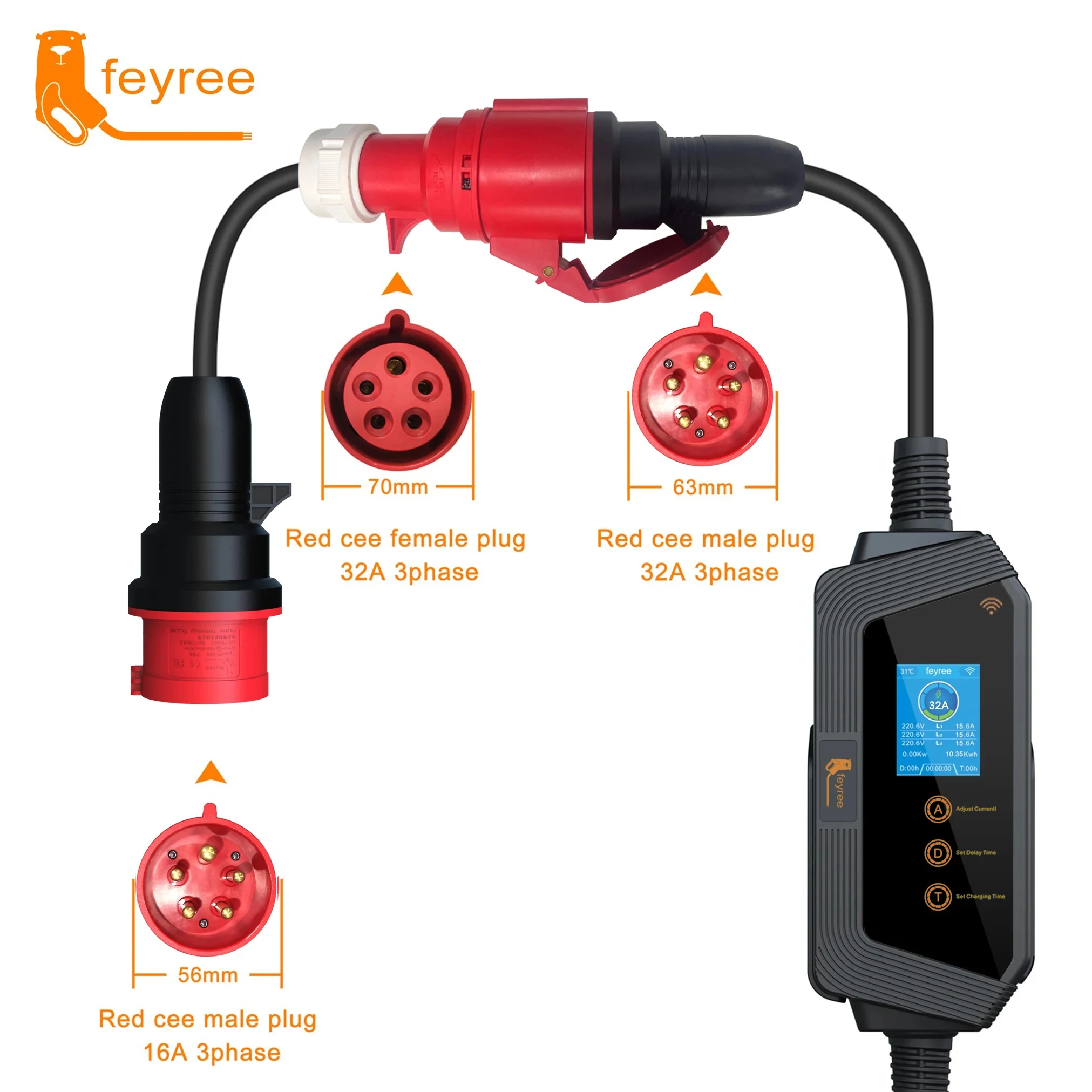 Feyree EVSE Wallbox Type2 Cable EV Car Chager 7KW 11KW 22KW Electric Vehicle Charging Station with APP WIFI Control IEC62196-2