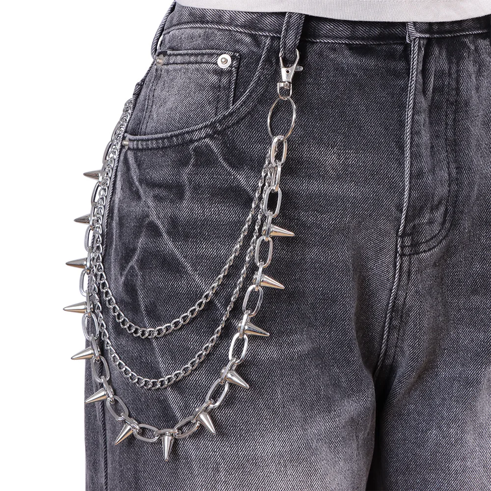 Hip Hop Punk Exaggerated Rivet Pant Chain Keychain for Women Fashion Multilayer Silver Color Black Jeans Waist Chain Jewelry
