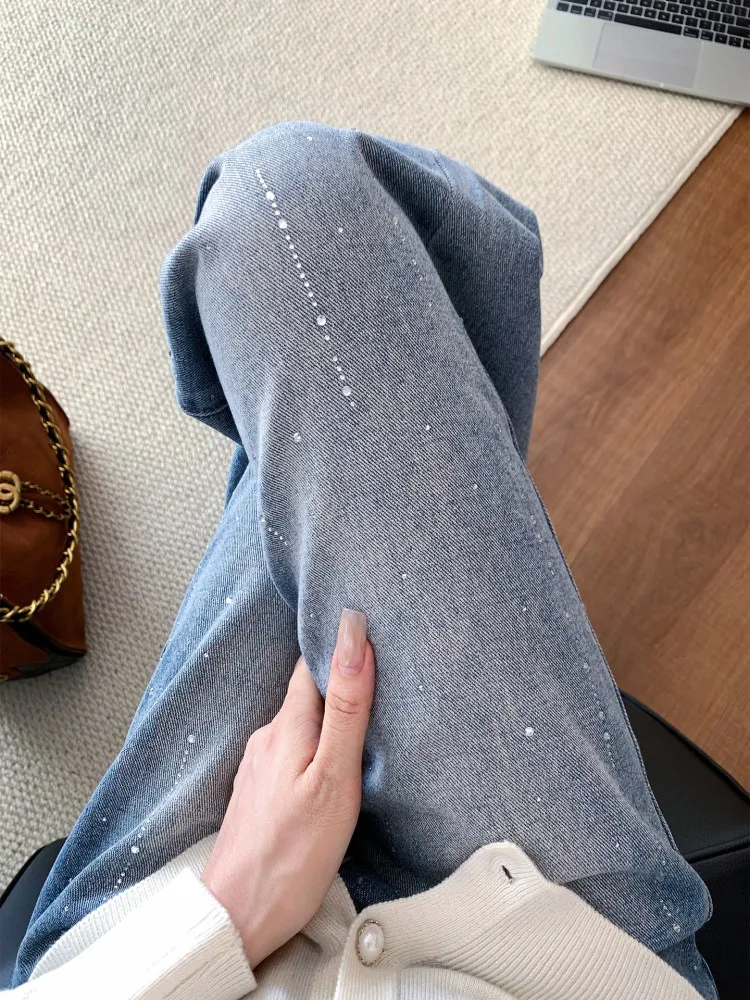 Women Office Casual Denim Pants Light Blue Loose Fit Diamond Spring Fashion Straight Trousers High Street Female Wide Leg Jeans