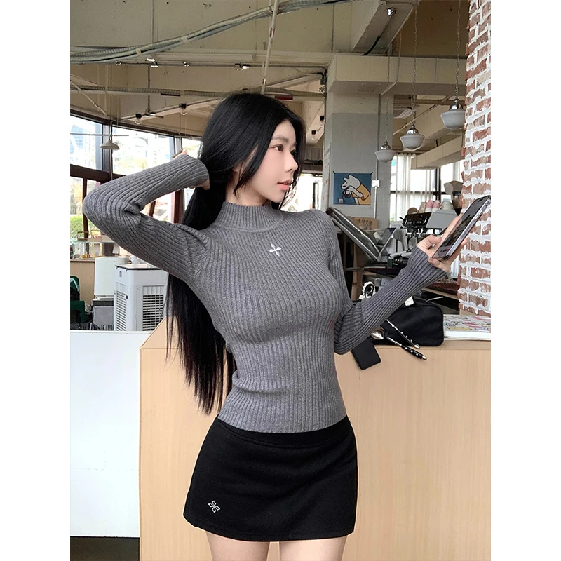 Herbst Winter Damen Lange Sve Gestrickte Logo Stickerei Basis Irt Innenbekleidung Oberbekleidung Bequeme weiche Faser Top