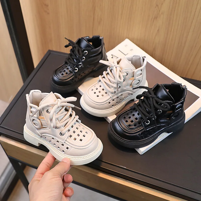 2026 Design Kids Girls Boys Spring Summer Breathable Shoes Hollow Out Cool Boots Literary Style Genuine Leather Flat Ankle Boots