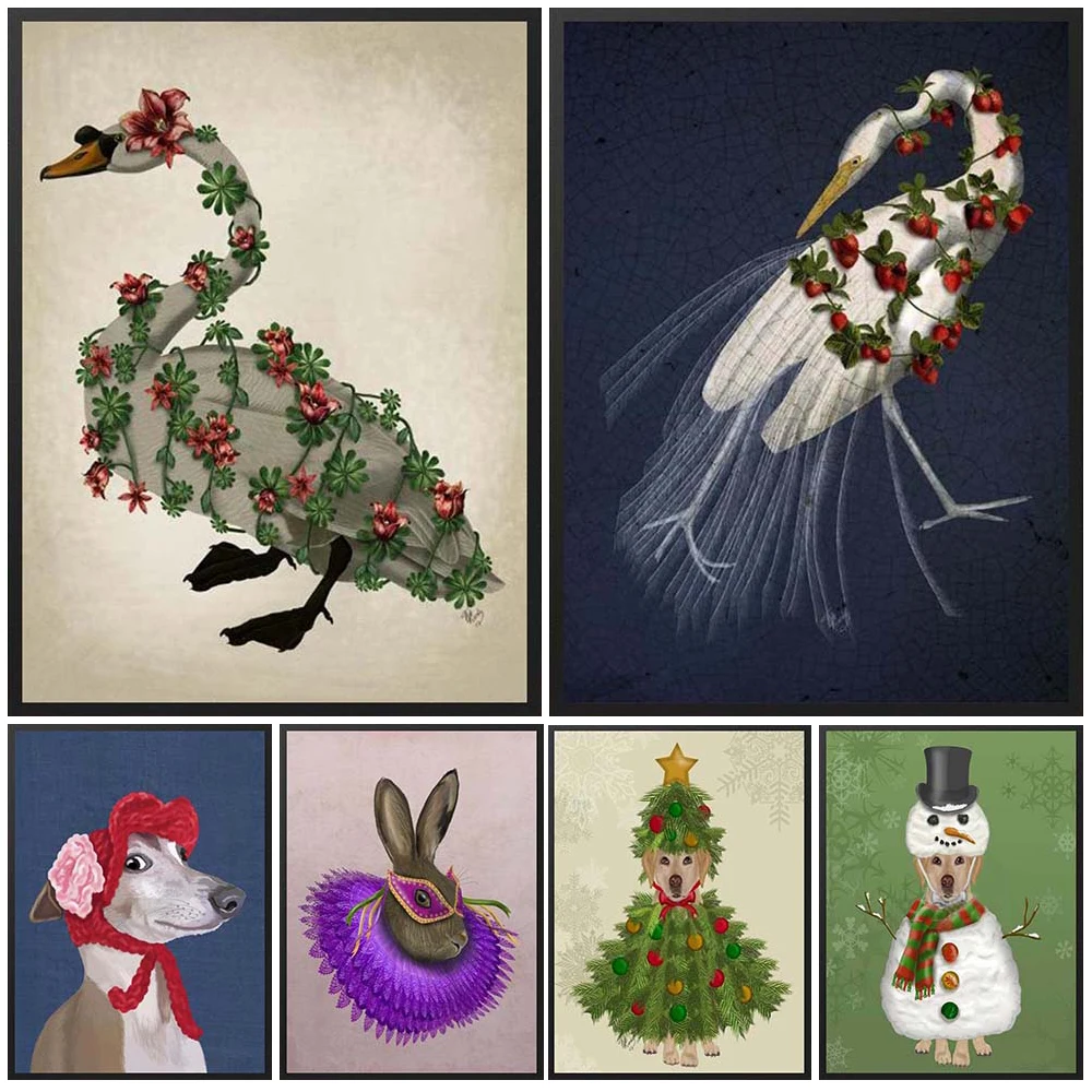 Funny Animal Swan Dog Flower Christmas Posters Wall Pictures For Living Room Nordic Poster Wall Art Canvas Painting Unframed