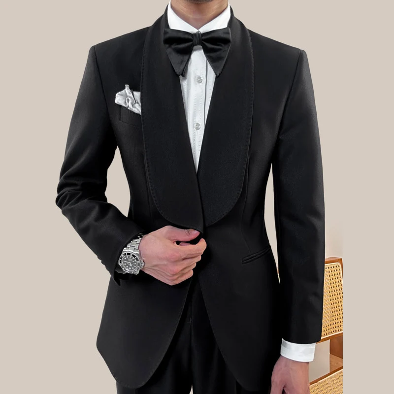 Green Fruit Collar Casual Suit Jacket British Men Blazer One Button Wedding Business Dress Coat Social Banquet Tuxedo Costume