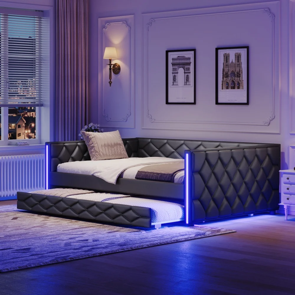 Full XL Size Upholstered Daybed Features Two Armrests, Upholstered in PU Leather ,with Trundle and LED,for Living Room